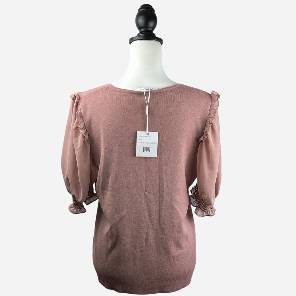 NEW Sioni Milano Mixed Media Ruffle Sleeve Blouse L Soft Knit Heather Salmon - Picture 6 of 12
